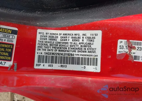 2004 Honda Civic Ex from USA, damaged, VIN 1HGEM22924L019284